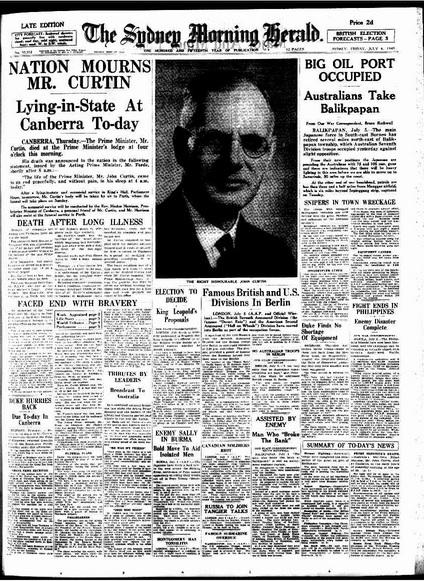 John Curtin death, 1945, Sydney Morning Herald (image)
